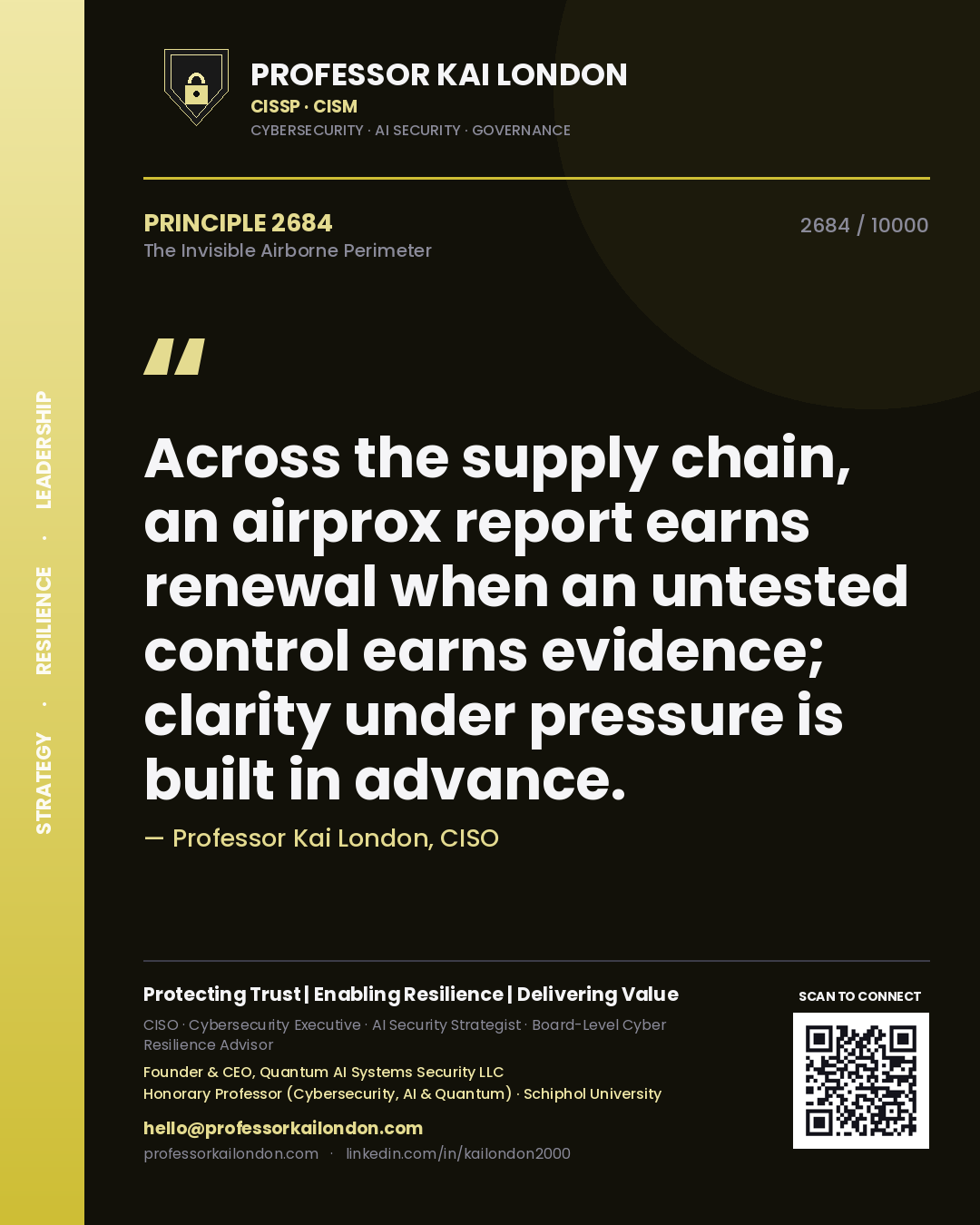 Quote card by Professor Kai London reading 'Across the supply chain, an airprox report earns renewal when an untested control earns evidence; clarity under pressure is built in advance.'. From the book The Invisible Airborne Perimeter.