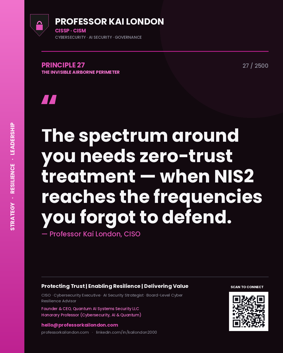 Quote card by Professor Kai London reading 'The spectrum around you needs zero-trust treatment — when NIS2 reaches the frequencies you forgot to defend.'. From the book The Invisible Airborne Perimeter.