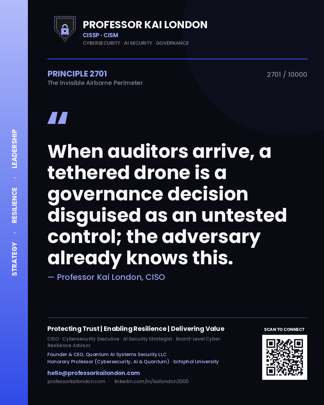 Quote card by Professor Kai London reading 'When auditors arrive, a tethered drone is a governance decision disguised as an untested control; the adversary already knows this.'. From the book The Invisible Airborne Perimeter.