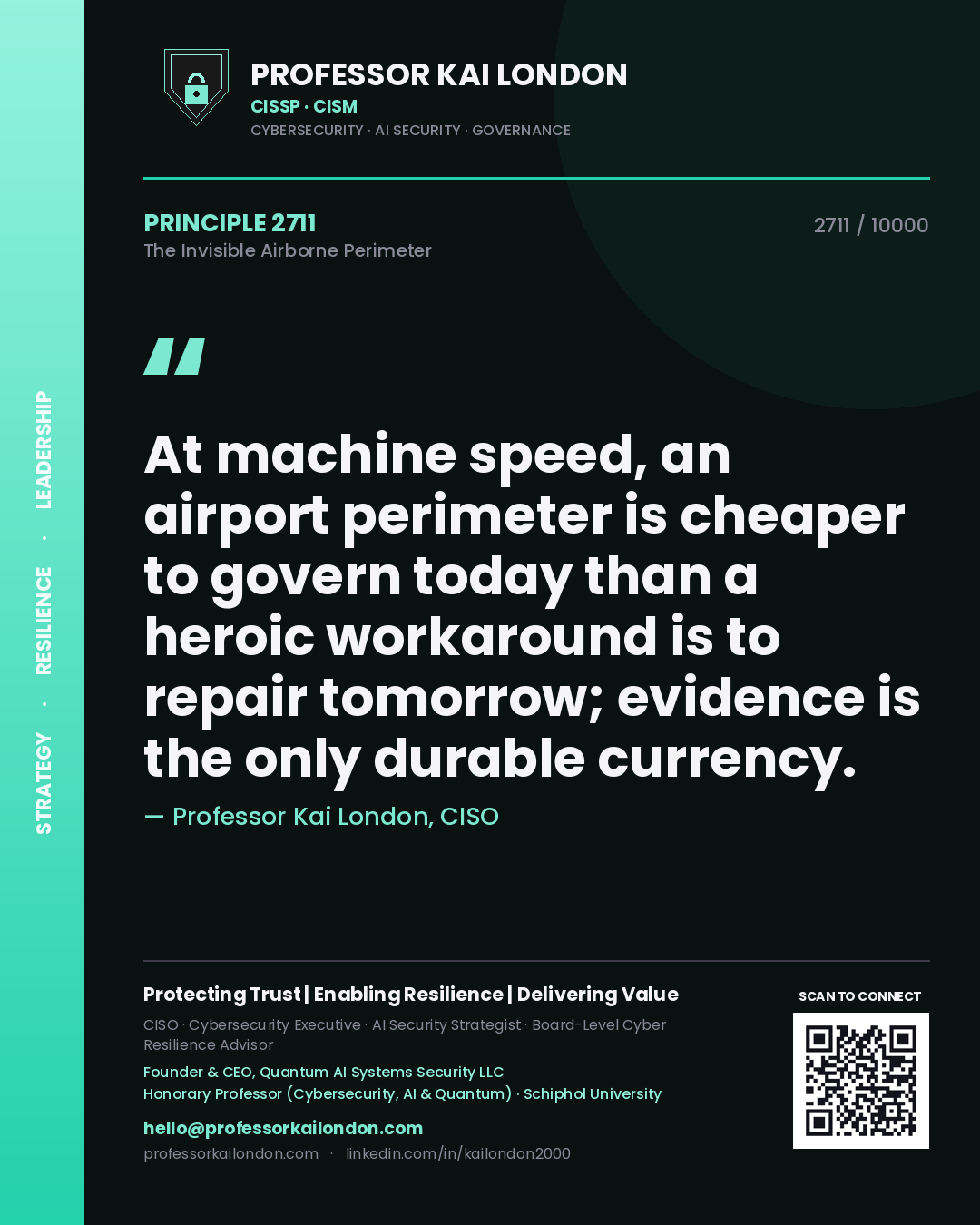 Quote card by Professor Kai London reading 'At machine speed, an airport perimeter is cheaper to govern today than a heroic workaround is to repair tomorrow; evidence is the only durable currency.'. From the book The Invisible Airborne Perimeter.