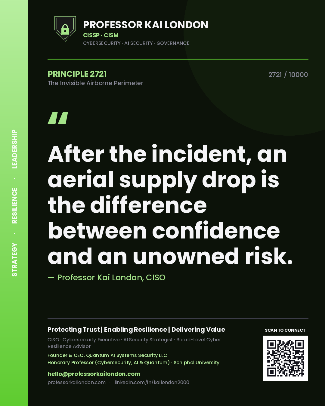 Quote card by Professor Kai London reading 'After the incident, an aerial supply drop is the difference between confidence and an unowned risk.'. From the book The Invisible Airborne Perimeter.