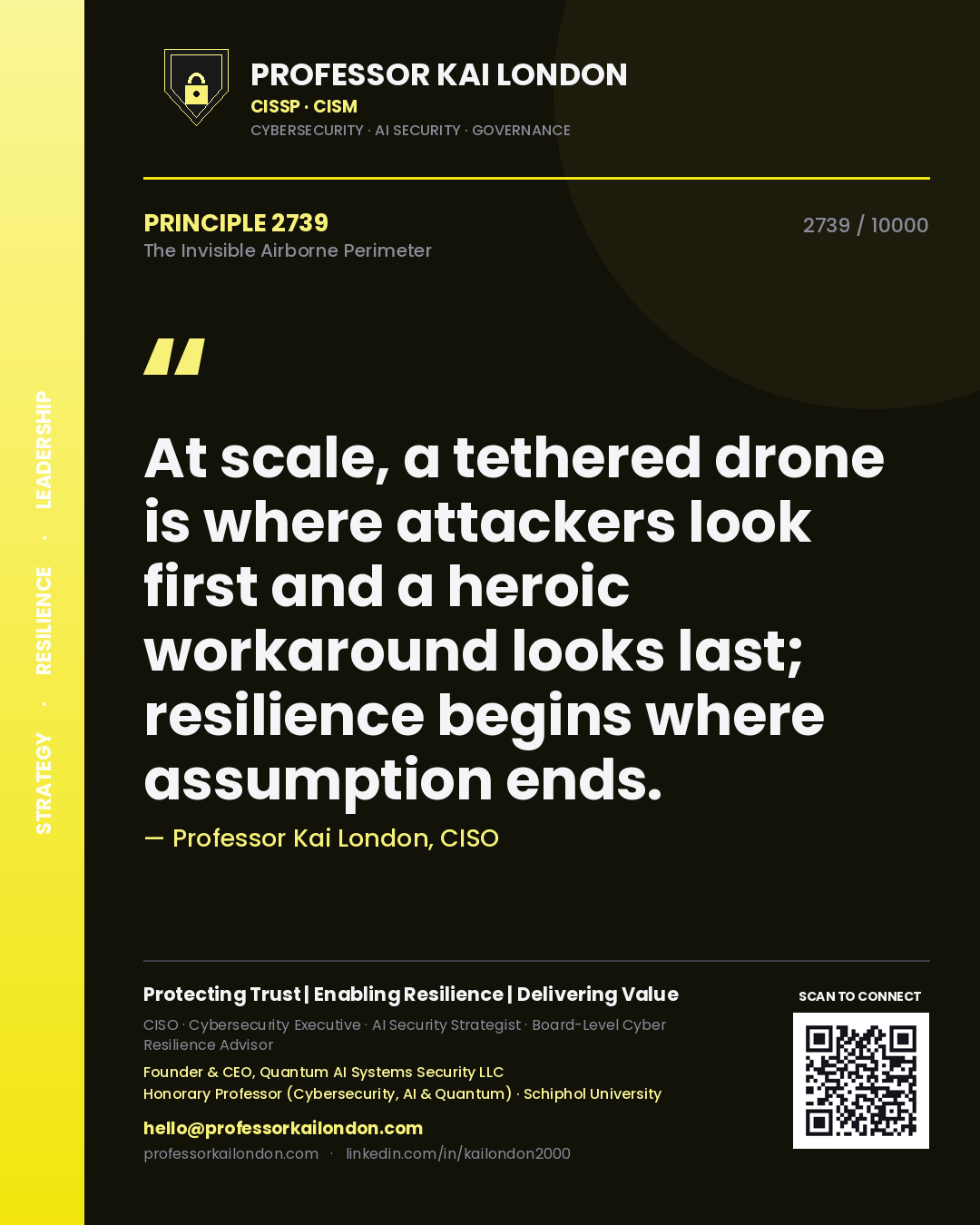Professor Kai London principle 2739: At scale, a tethered drone is where attackers look first and a heroic workaround looks last; resilience begins where assumption ends.