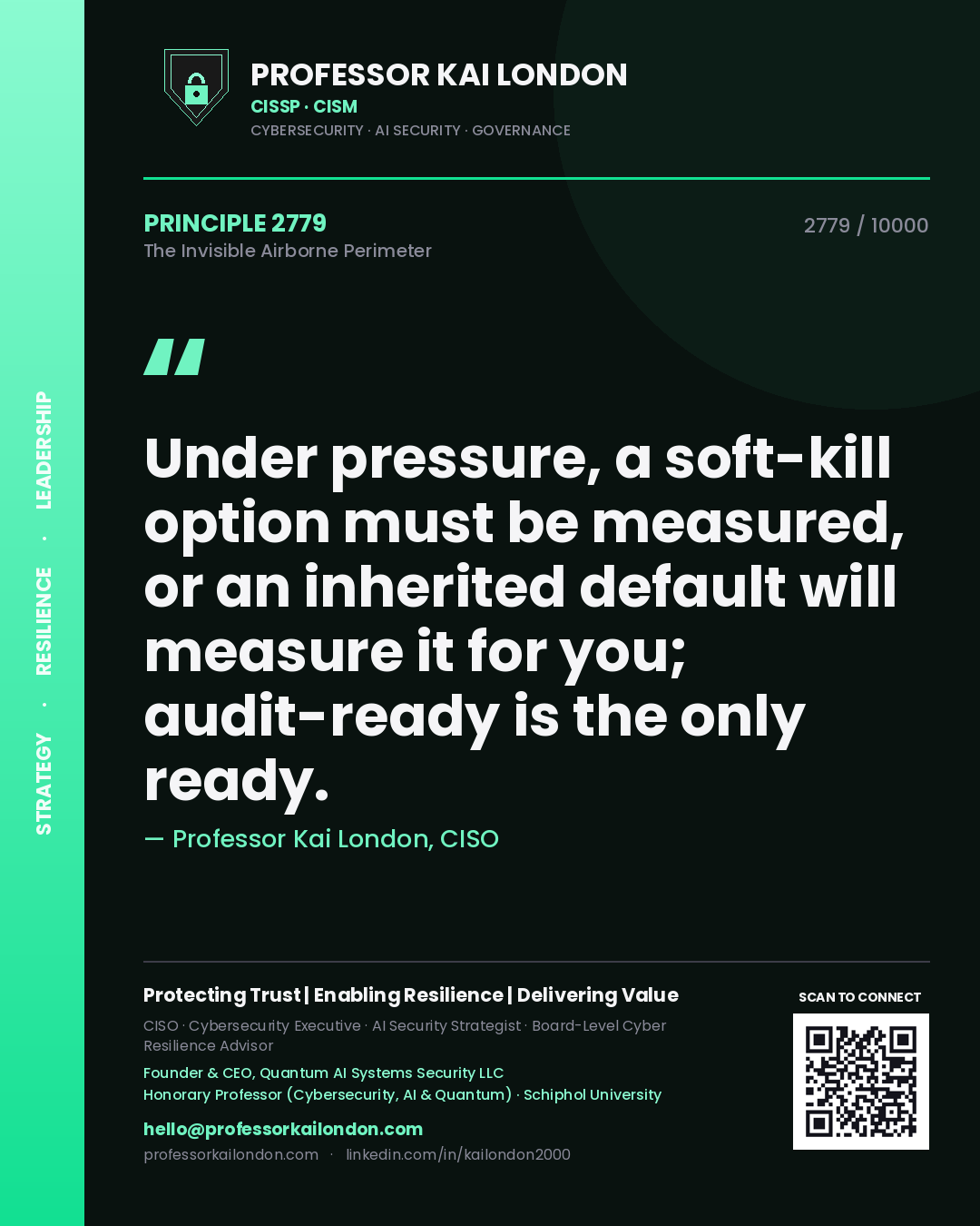 Quote card by Professor Kai London reading 'Under pressure, a soft-kill option must be measured, or an inherited default will measure it for you; audit-ready is the only ready.'. From the book The Invisible Airborne Perimeter.