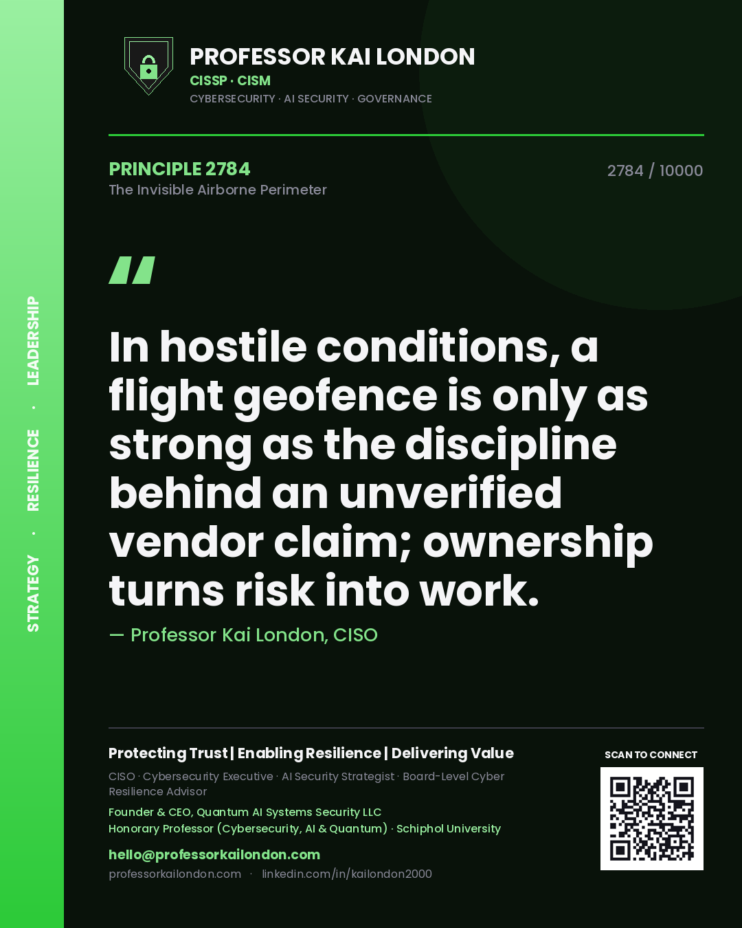 Quote card by Professor Kai London reading 'In hostile conditions, a flight geofence is only as strong as the discipline behind an unverified vendor claim; ownership turns risk into work.'. From the book The Invisible Airborne Perimeter.