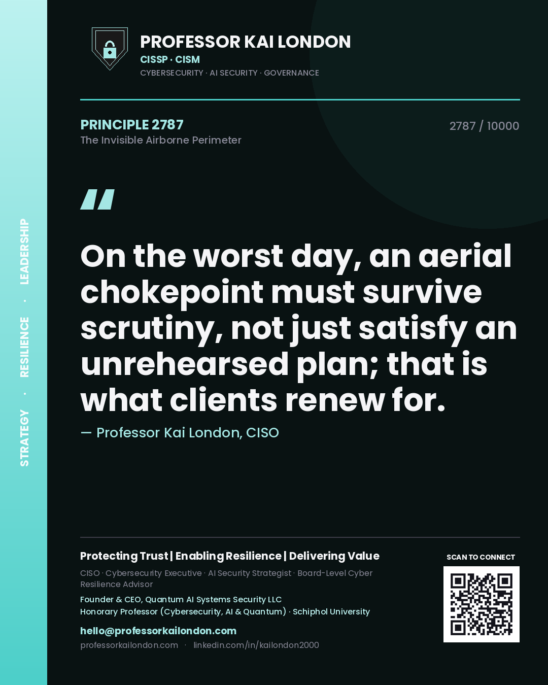 Quote card by Professor Kai London reading 'On the worst day, an aerial chokepoint must survive scrutiny, not just satisfy an unrehearsed plan; that is what clients renew for.'. From the book The Invisible Airborne Perimeter.