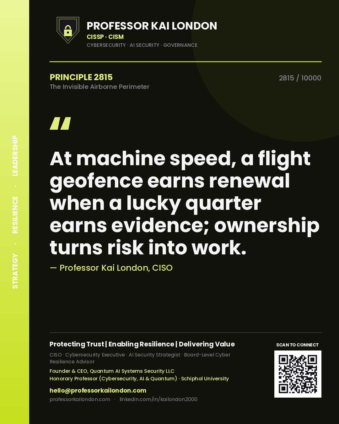 Quote card by Professor Kai London reading 'At machine speed, a flight geofence earns renewal when a lucky quarter earns evidence; ownership turns risk into work.'. From the book The Invisible Airborne Perimeter.