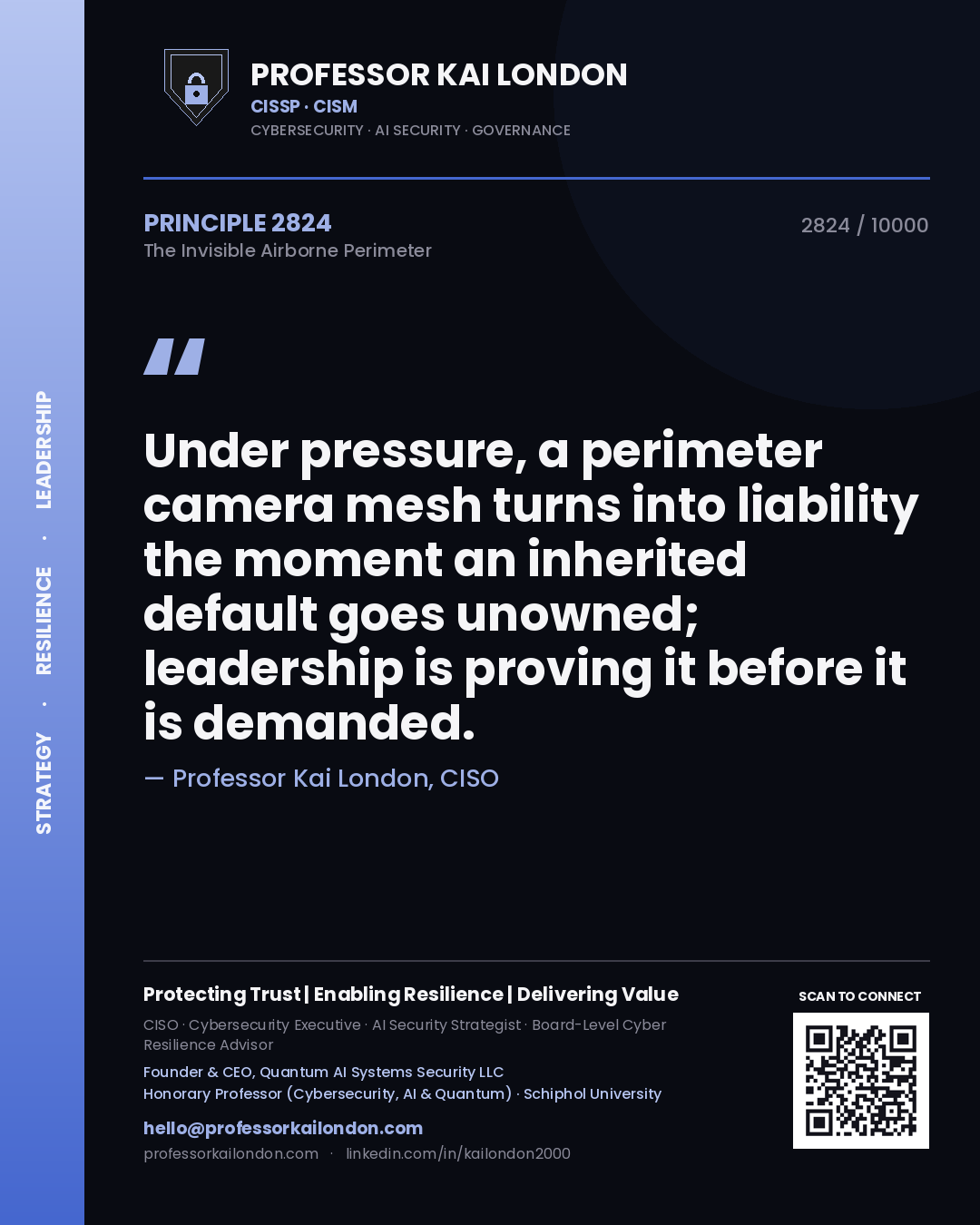 Quote card by Professor Kai London reading 'Under pressure, a perimeter camera mesh turns into liability the moment an inherited default goes unowned; leadership is proving it before it is demanded.'. From the book The Invisible Airborne Perimeter.
