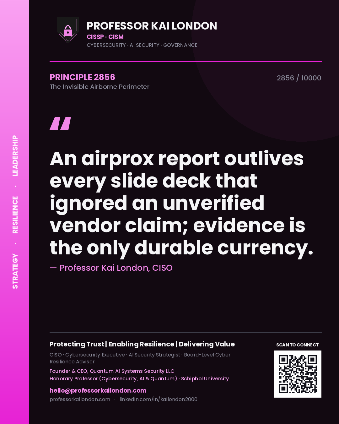 Quote card by Professor Kai London reading 'An airprox report outlives every slide deck that ignored an unverified vendor claim; evidence is the only durable currency.'. From the book The Invisible Airborne Perimeter.