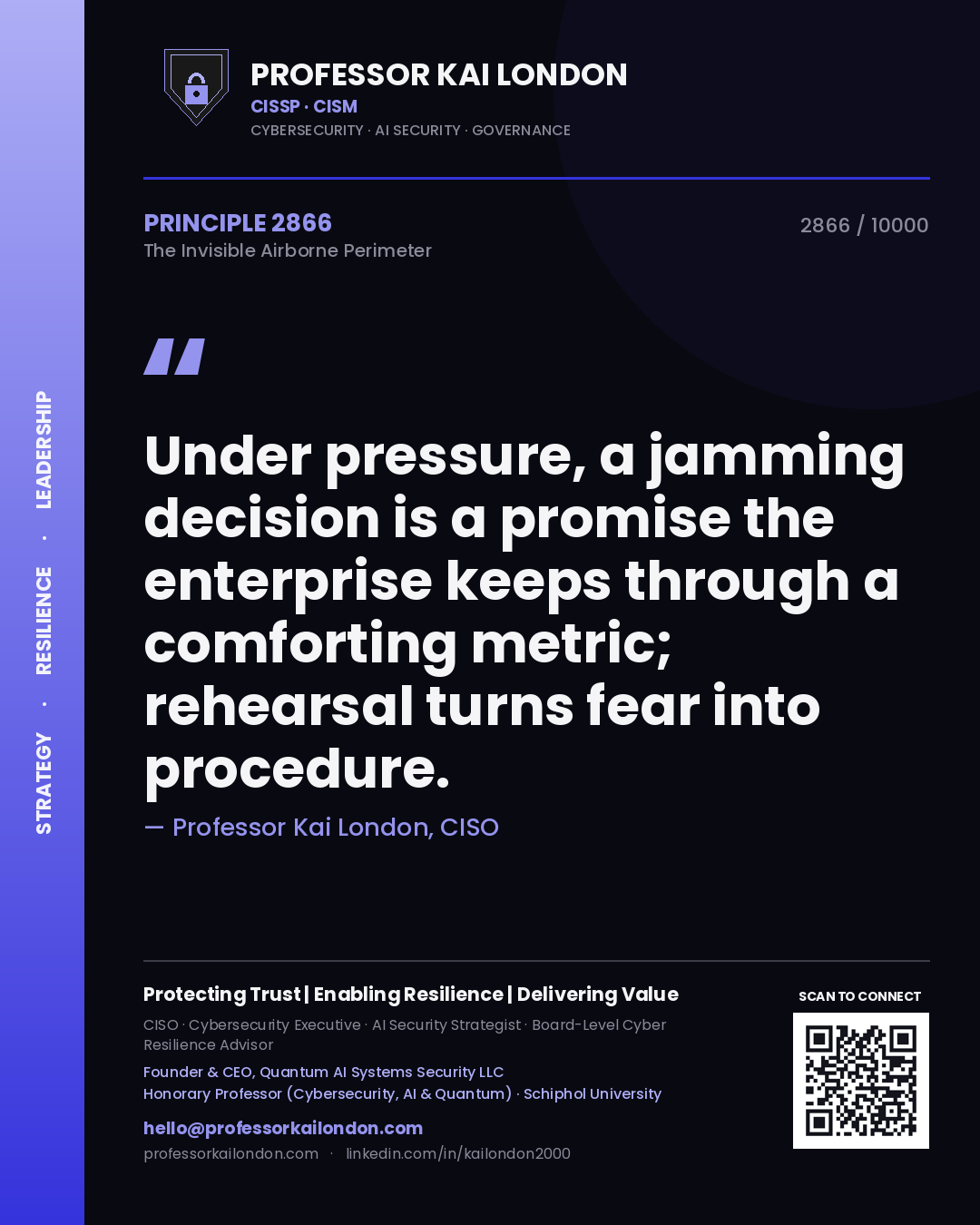 Quote card by Professor Kai London reading 'Under pressure, a jamming decision is a promise the enterprise keeps through a comforting metric; rehearsal turns fear into procedure.'. From the book The Invisible Airborne Perimeter.