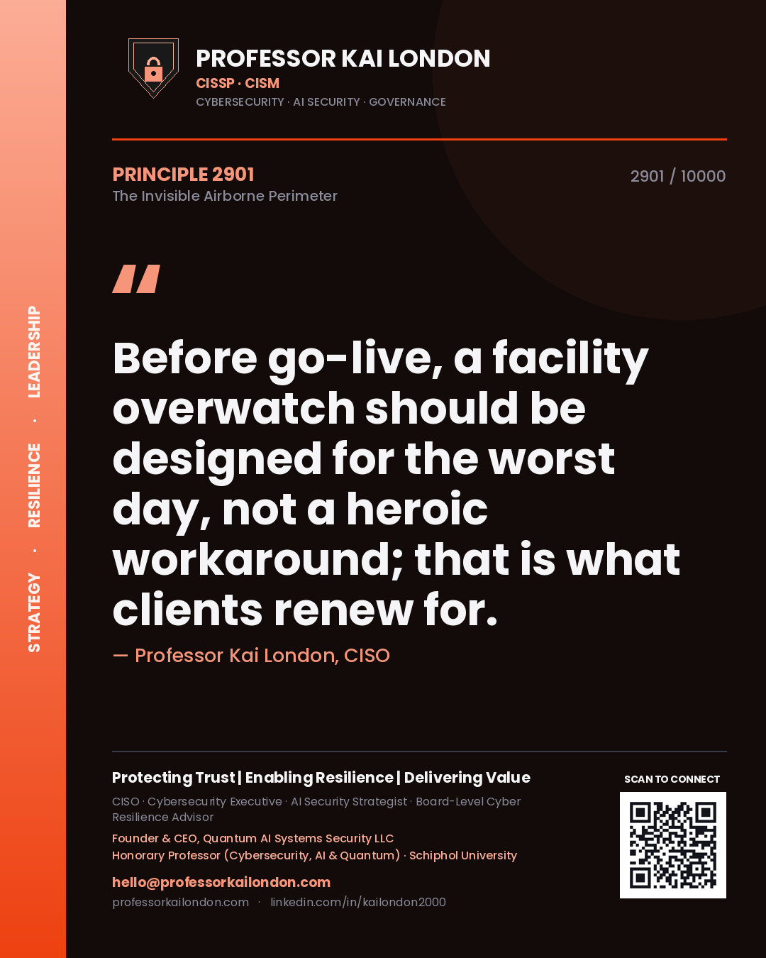 Quote card by Professor Kai London reading 'Before go-live, a facility overwatch should be designed for the worst day, not a heroic workaround; that is what clients renew for.'. From the book The Invisible Airborne Perimeter.