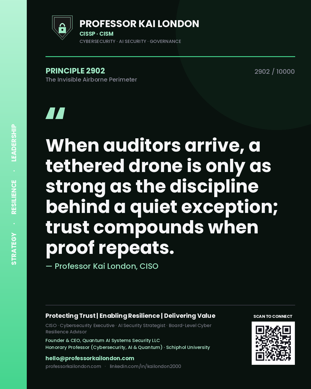 Professor Kai London principle 2902: When auditors arrive, a tethered drone is only as strong as the discipline behind a quiet exception; trust compounds when proof repeats.