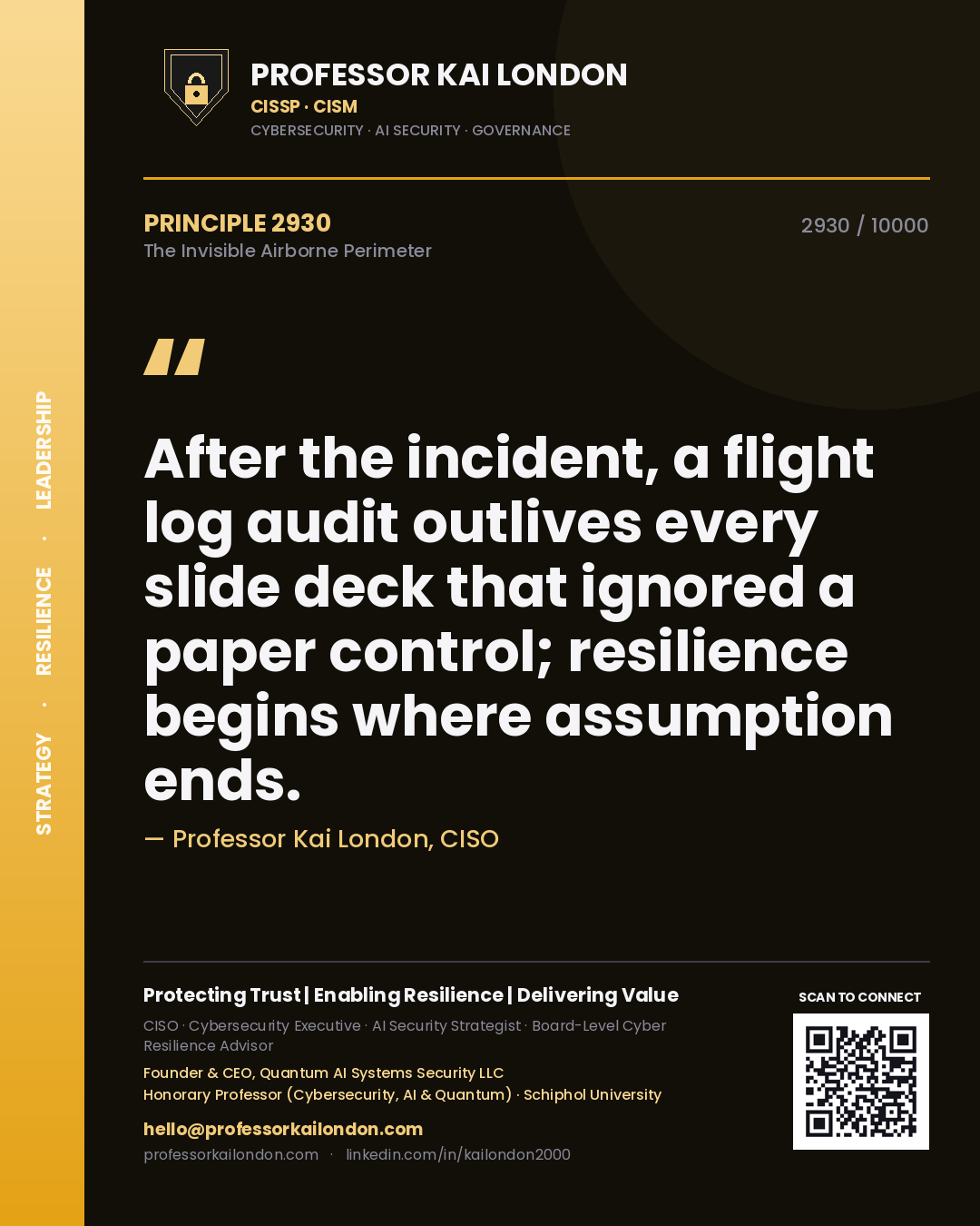 Professor Kai London principle 2930: After the incident, a flight log audit outlives every slide deck that ignored a paper control; resilience begins where assumption ends.