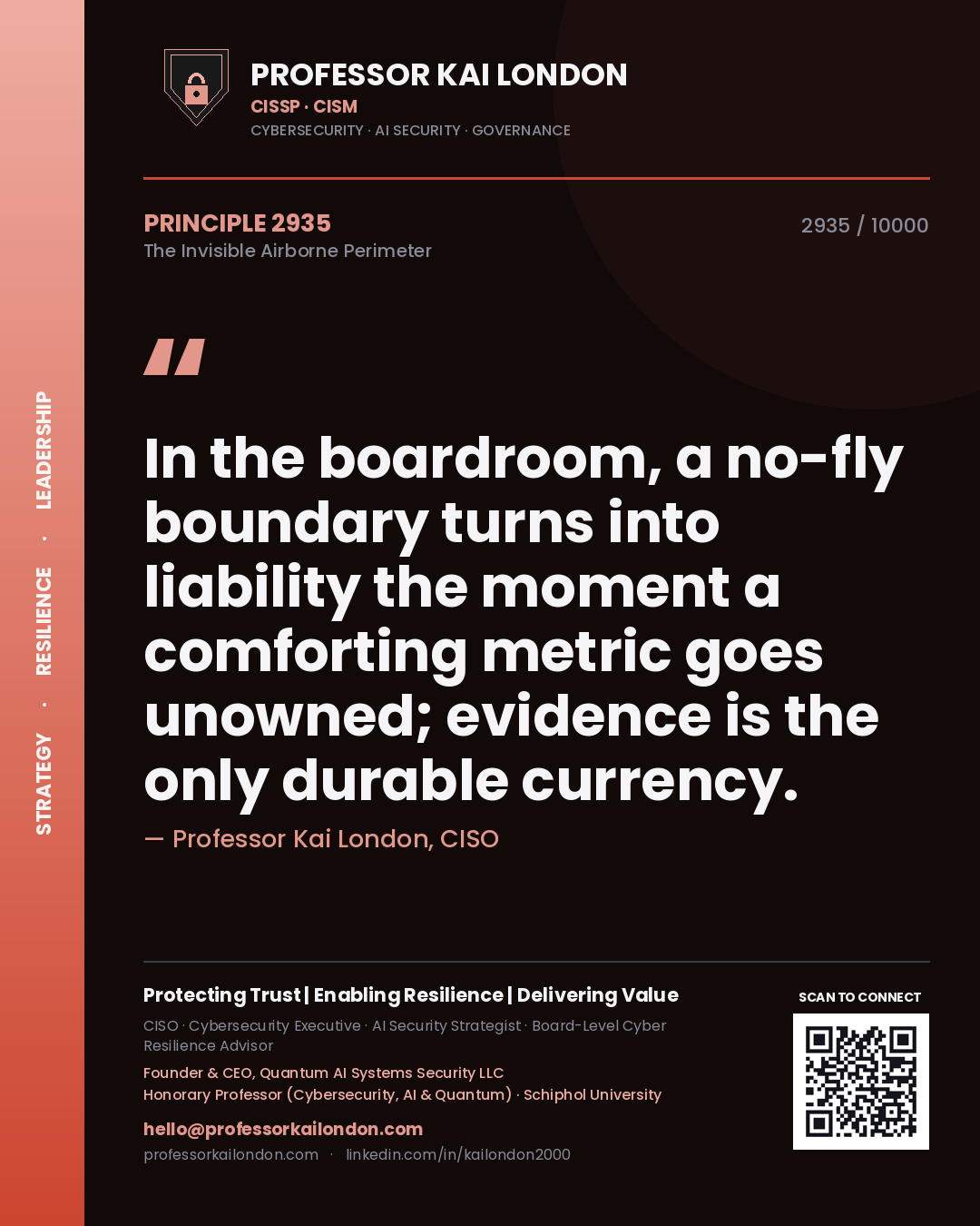 Quote card by Professor Kai London reading 'In the boardroom, a no-fly boundary turns into liability the moment a comforting metric goes unowned; evidence is the only durable currency.'. From the book The Invisible Airborne Perimeter.