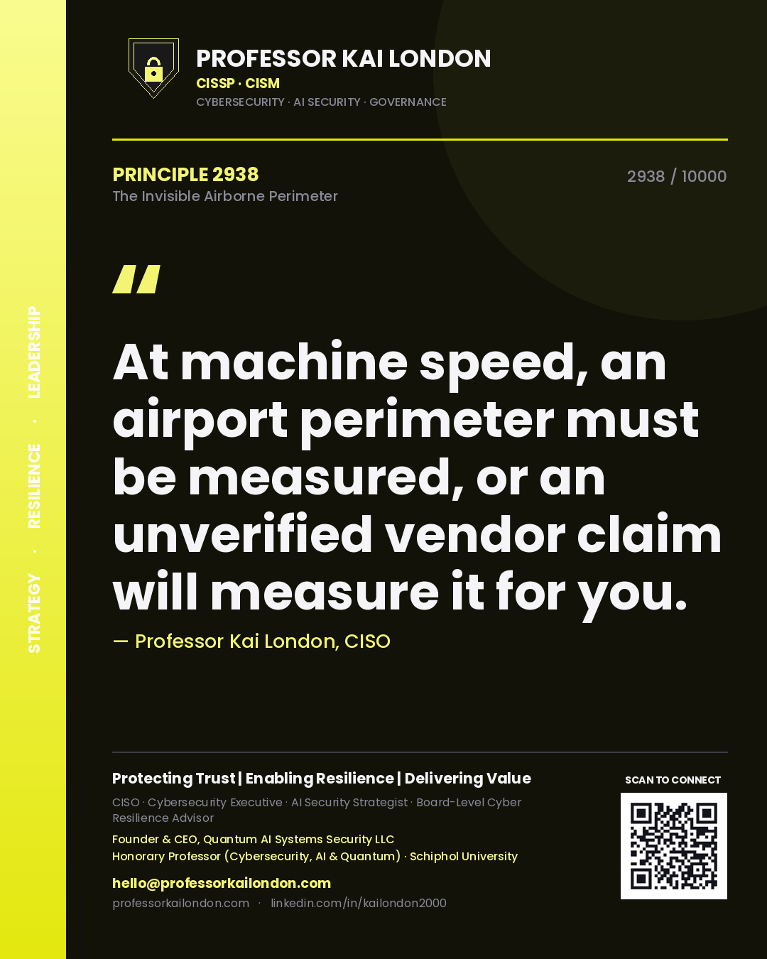 Quote card by Professor Kai London reading 'At machine speed, an airport perimeter must be measured, or an unverified vendor claim will measure it for you.'. From the book The Invisible Airborne Perimeter.