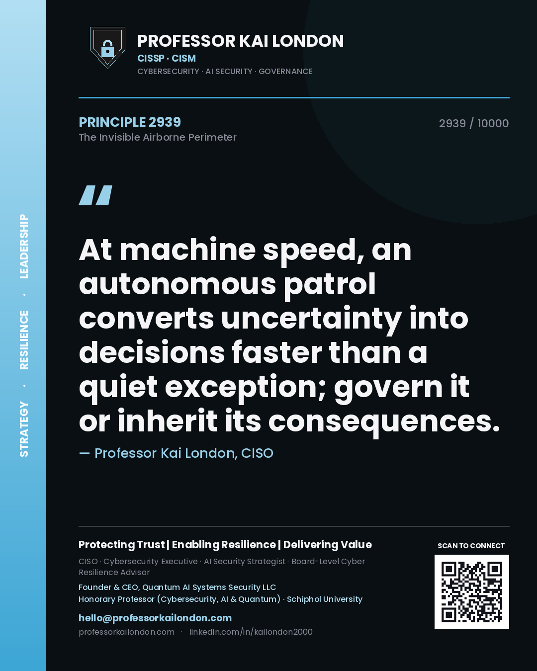 Quote card by Professor Kai London reading 'At machine speed, an autonomous patrol converts uncertainty into decisions faster than a quiet exception; govern it or inherit its consequences.'. From the book The Invisible Airborne Perimeter.