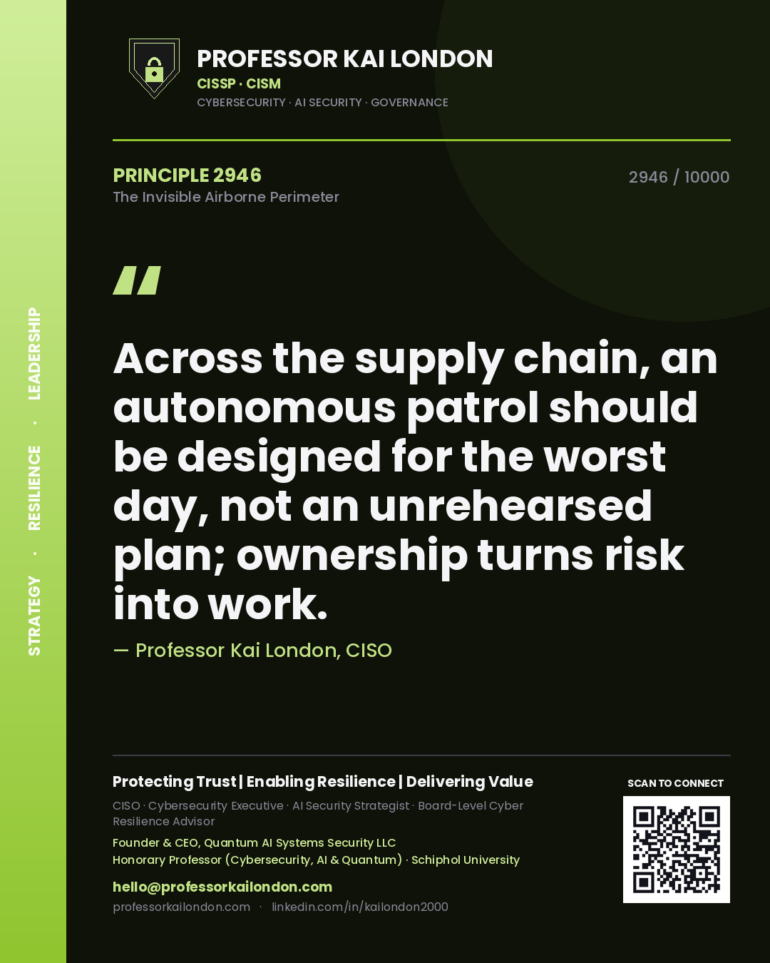 Professor Kai London principle 2946: Across the supply chain, an autonomous patrol should be designed for the worst day, not an unrehearsed plan; ownership turns risk into work.