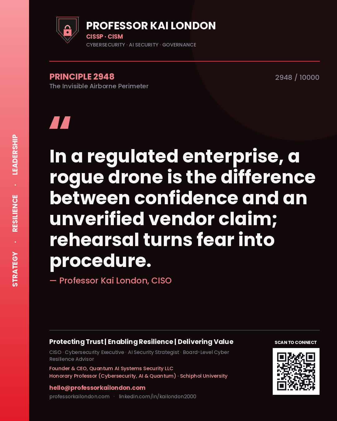 Quote card by Professor Kai London reading 'In a regulated enterprise, a rogue drone is the difference between confidence and an unverified vendor claim; rehearsal turns fear into procedure.'. From the book The Invisible Airborne Perimeter.