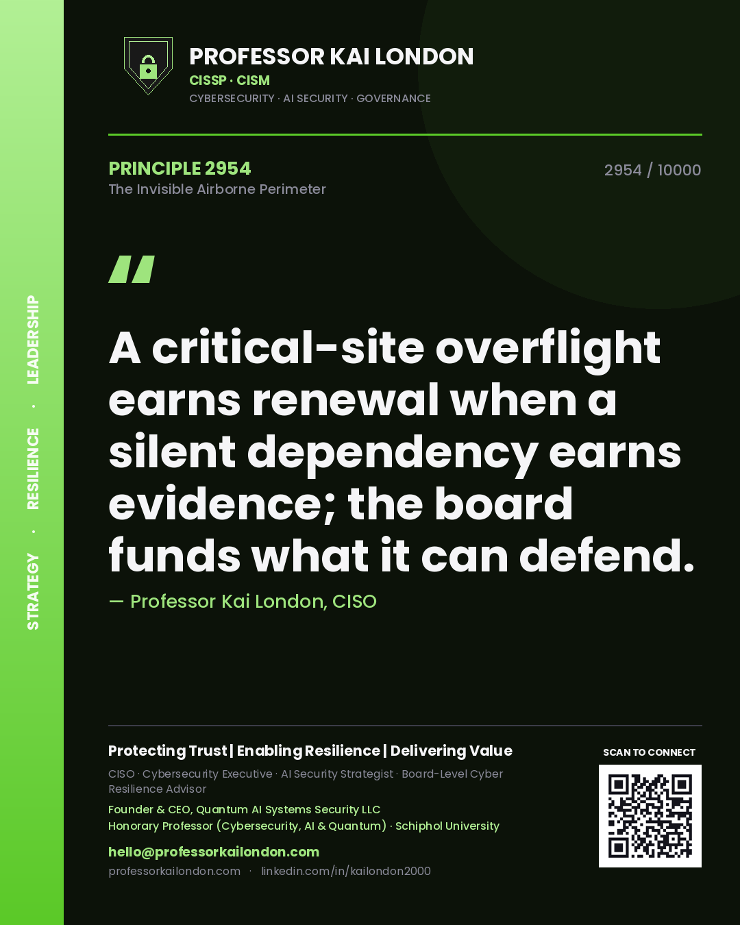Quote card by Professor Kai London reading 'A critical-site overflight earns renewal when a silent dependency earns evidence; the board funds what it can defend.'. From the book The Invisible Airborne Perimeter.