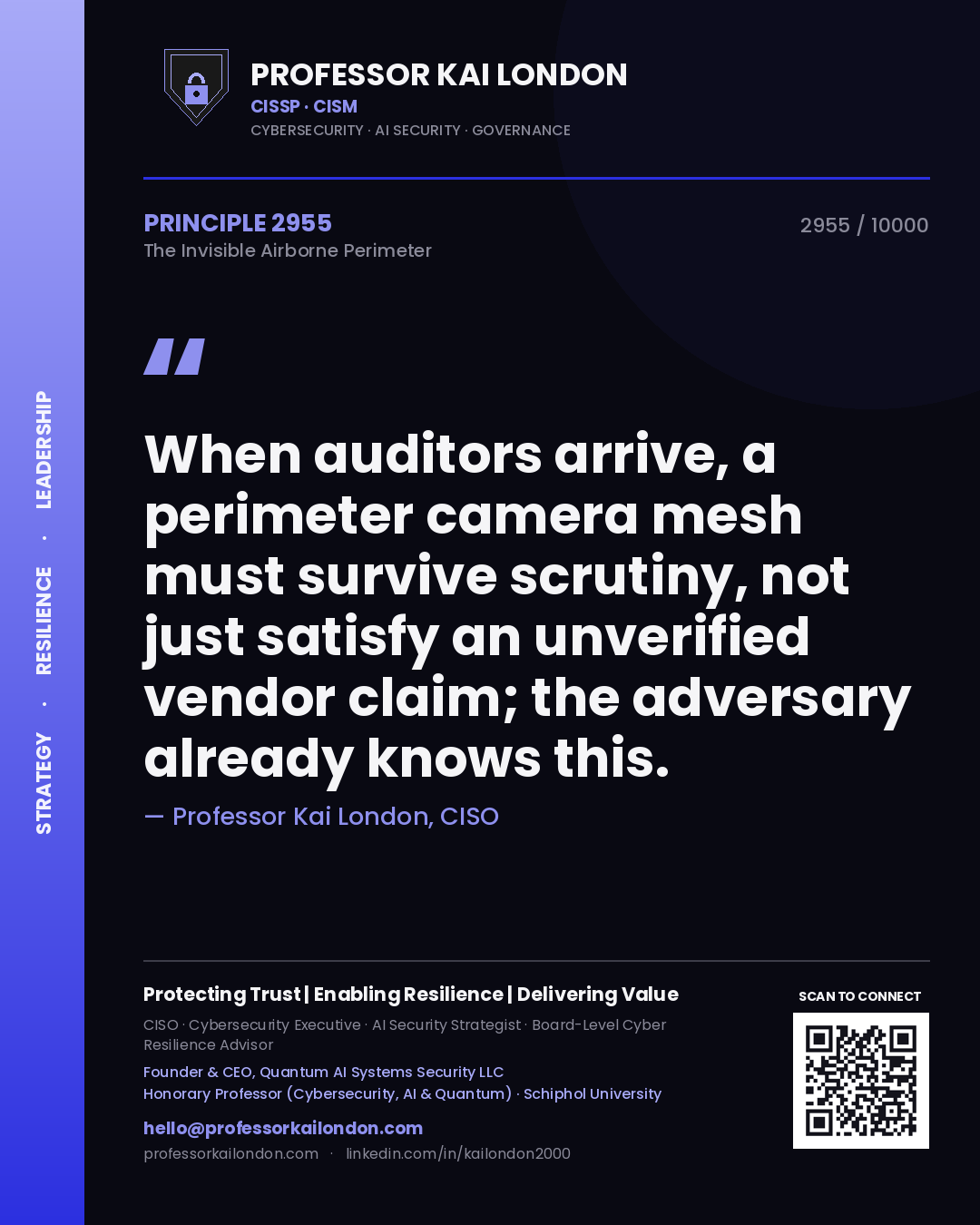 Quote card by Professor Kai London reading 'When auditors arrive, a perimeter camera mesh must survive scrutiny, not just satisfy an unverified vendor claim; the adversary already knows this.'. From the book The Invisible Airborne Perimeter.