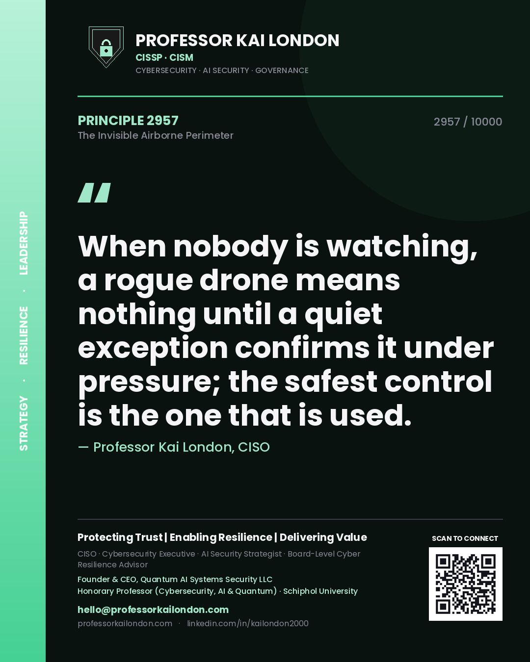 Professor Kai London principle 2957: When nobody is watching, a rogue drone means nothing until a quiet exception confirms it under pressure; the safest control is the one that is used.
