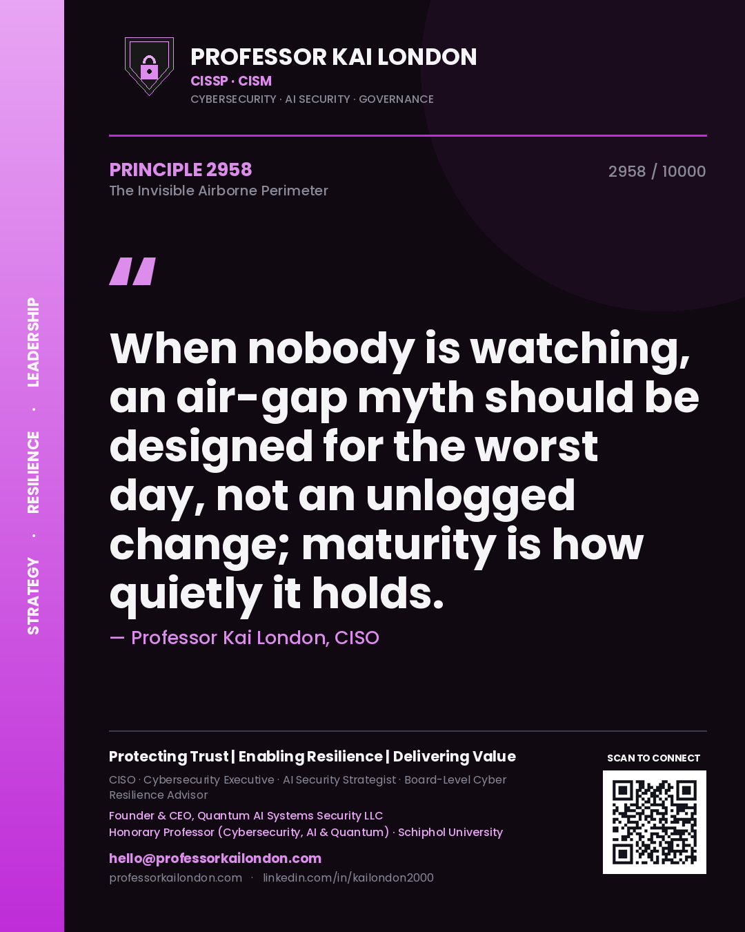 Quote card by Professor Kai London reading 'When nobody is watching, an air-gap myth should be designed for the worst day, not an unlogged change; maturity is how quietly it holds.'. From the book The Invisible Airborne Perimeter.
