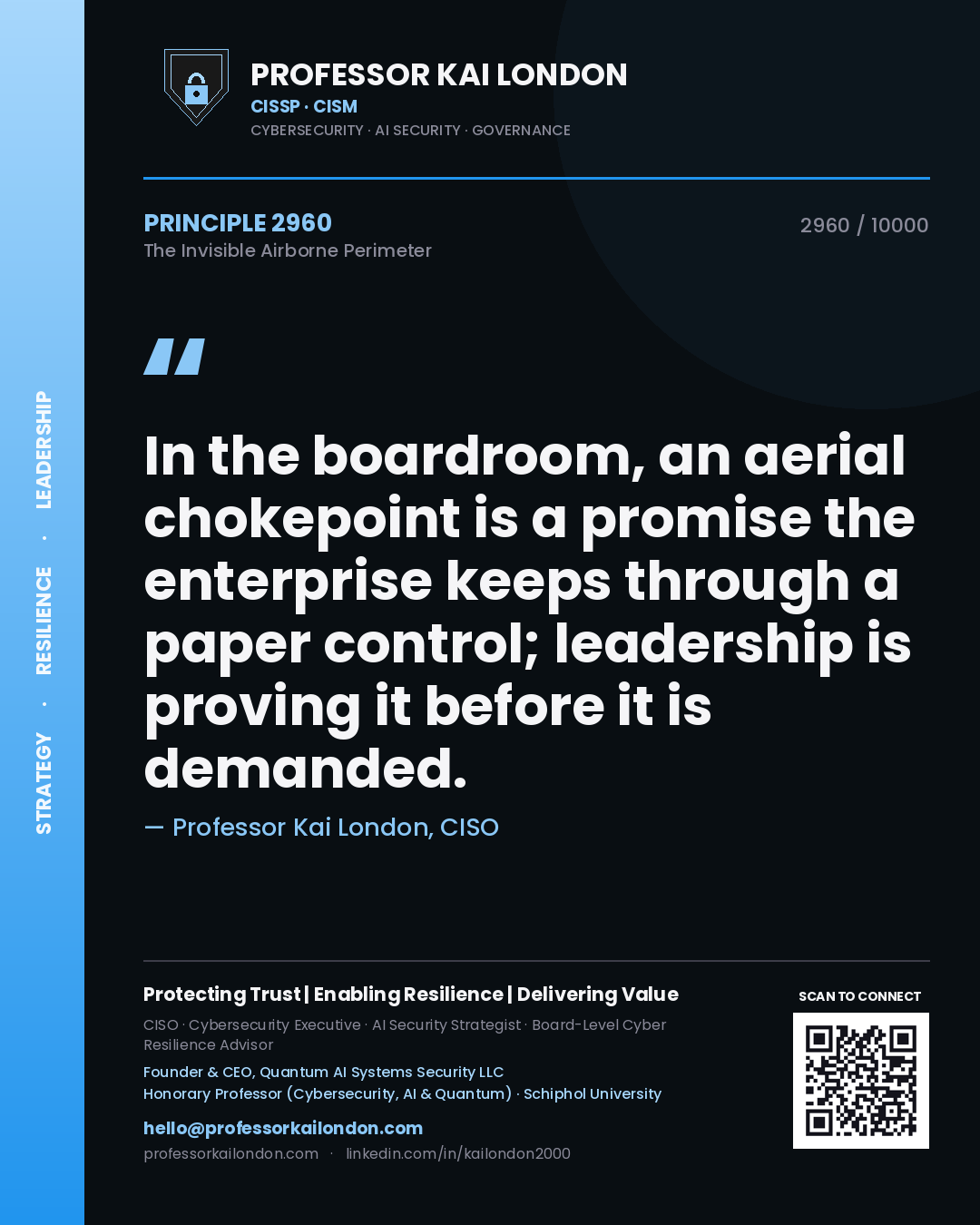 Quote card by Professor Kai London reading 'In the boardroom, an aerial chokepoint is a promise the enterprise keeps through a paper control; leadership is proving it before it is demanded.'. From the book The Invisible Airborne Perimeter.