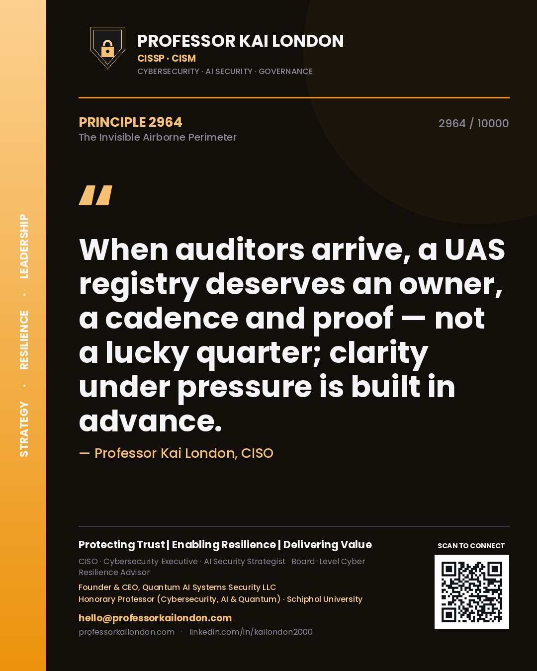 Quote card by Professor Kai London reading 'When auditors arrive, a UAS registry deserves an owner, a cadence and proof — not a lucky quarter; clarity under pressure is built in advance.'. From the book The Invisible Airborne Perimeter.