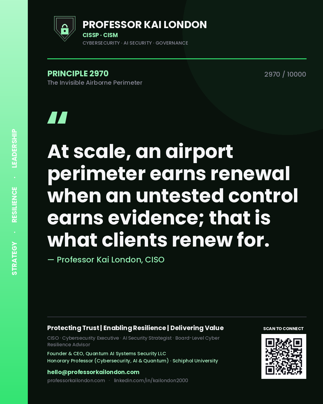 Quote card by Professor Kai London reading 'At scale, an airport perimeter earns renewal when an untested control earns evidence; that is what clients renew for.'. From the book The Invisible Airborne Perimeter.