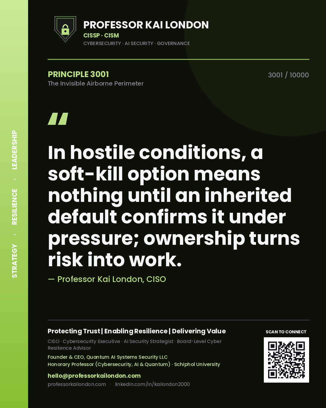 Professor Kai London principle 3001: In hostile conditions, a soft-kill option means nothing until an inherited default confirms it under pressure; ownership turns risk into work.