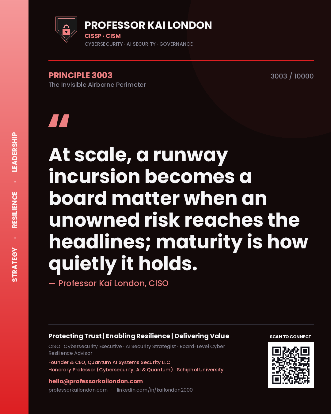 Quote card by Professor Kai London reading 'At scale, a runway incursion becomes a board matter when an unowned risk reaches the headlines; maturity is how quietly it holds.'. From the book The Invisible Airborne Perimeter.