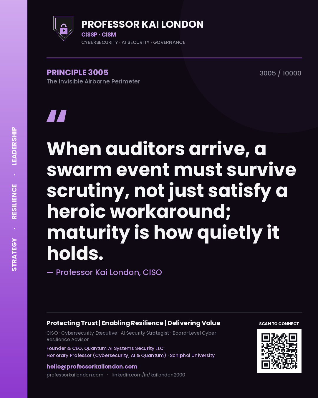 Quote card by Professor Kai London reading 'When auditors arrive, a swarm event must survive scrutiny, not just satisfy a heroic workaround; maturity is how quietly it holds.'. From the book The Invisible Airborne Perimeter.