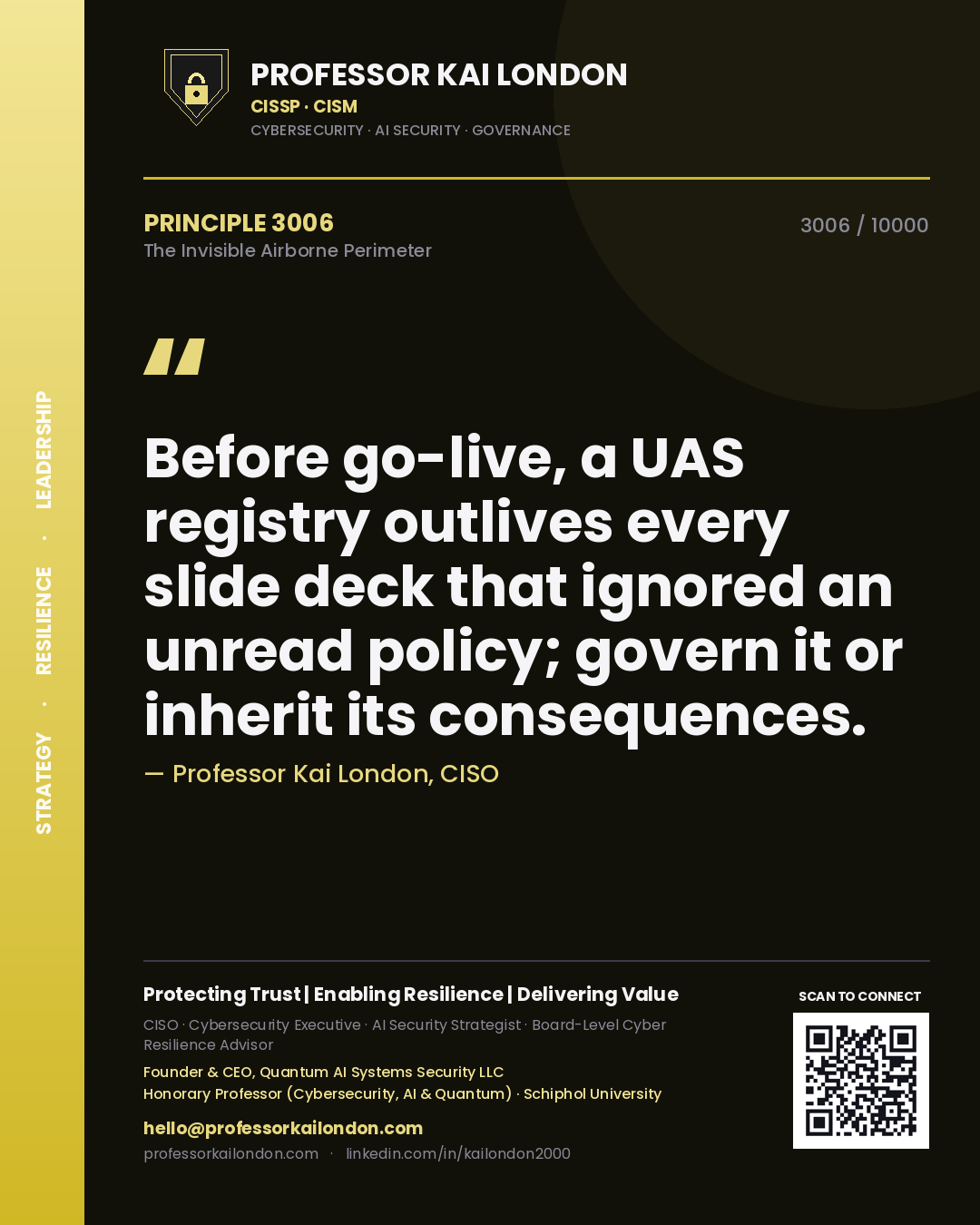 Quote card by Professor Kai London reading 'Before go-live, a UAS registry outlives every slide deck that ignored an unread policy; govern it or inherit its consequences.'. From the book The Invisible Airborne Perimeter.