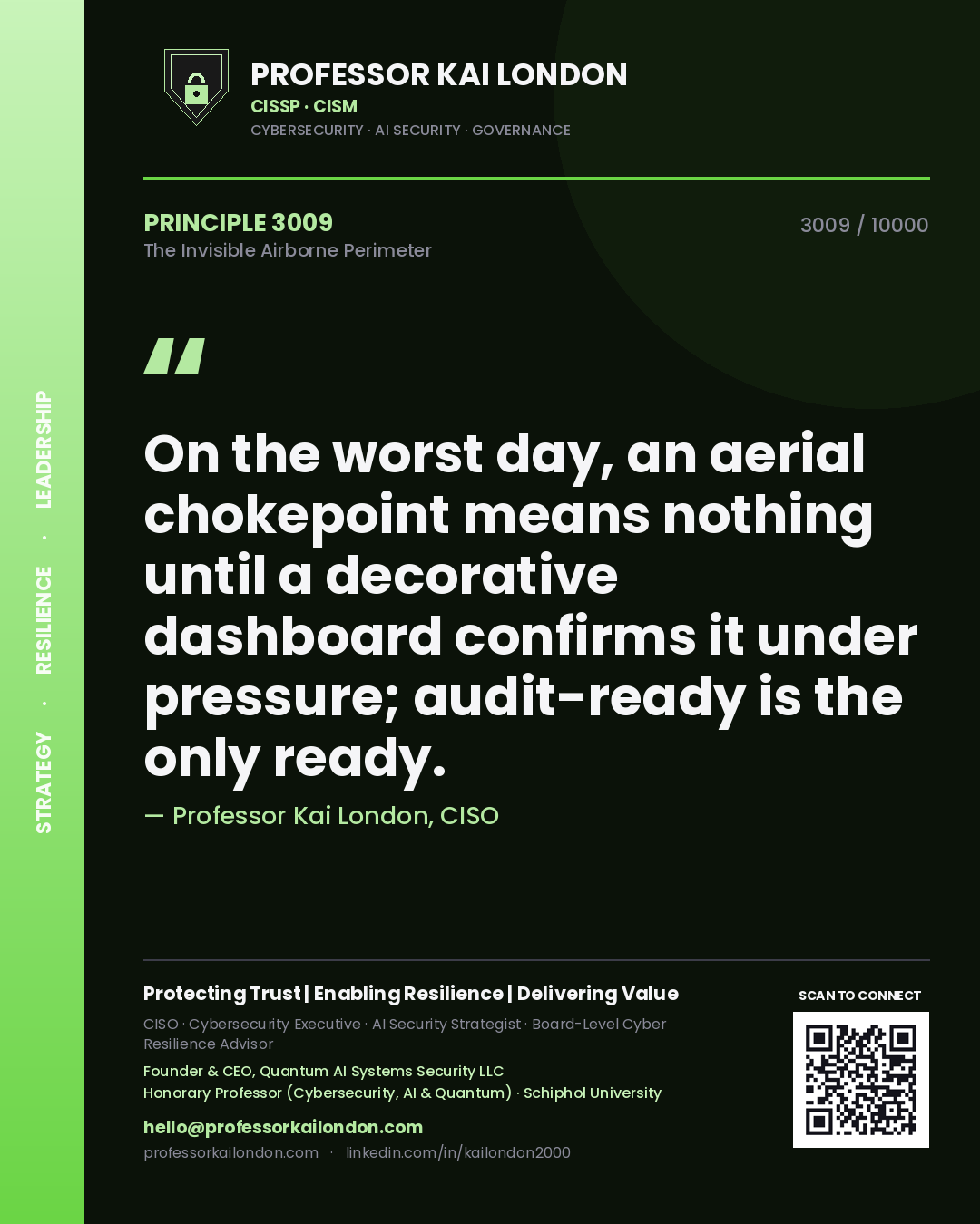 Quote card by Professor Kai London reading 'On the worst day, an aerial chokepoint means nothing until a decorative dashboard confirms it under pressure; audit-ready is the only ready.'. From the book The Invisible Airborne Perimeter.