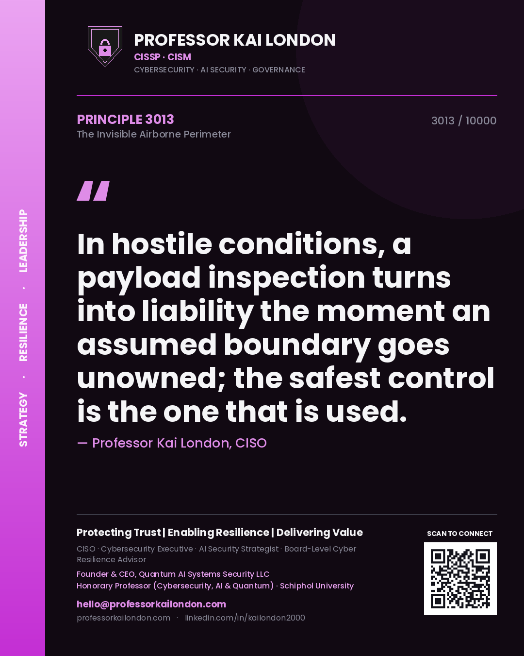 Quote card by Professor Kai London reading 'In hostile conditions, a payload inspection turns into liability the moment an assumed boundary goes unowned; the safest control is the one that is used.'. From the book The Invisible Airborne Perimeter.