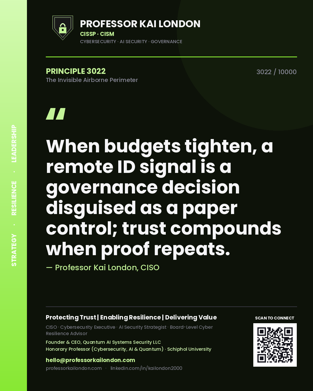 Quote card by Professor Kai London reading 'When budgets tighten, a remote ID signal is a governance decision disguised as a paper control; trust compounds when proof repeats.'. From the book The Invisible Airborne Perimeter.