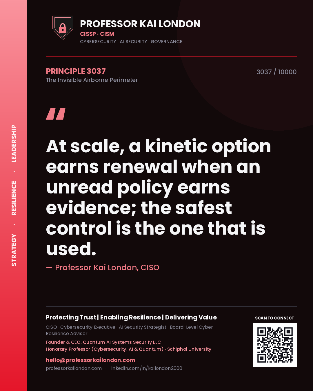 Quote card by Professor Kai London reading 'At scale, a kinetic option earns renewal when an unread policy earns evidence; the safest control is the one that is used.'. From the book The Invisible Airborne Perimeter.