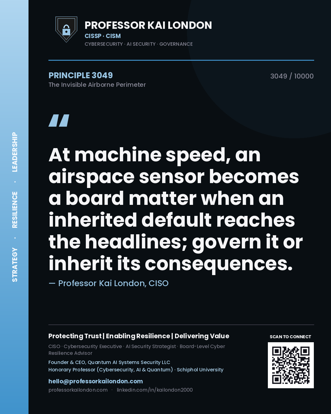Quote card by Professor Kai London reading 'At machine speed, an airspace sensor becomes a board matter when an inherited default reaches the headlines; govern it or inherit its consequences.'. From the book The Invisible Airborne Perimeter.