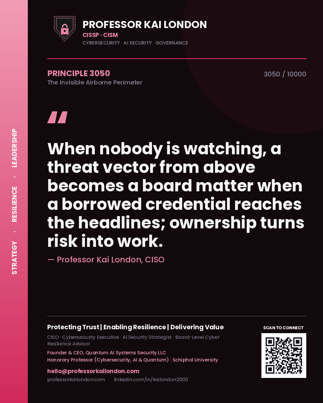 Professor Kai London principle 3050: When nobody is watching, a threat vector from above becomes a board matter when a borrowed credential reaches the headlines; ownership turns risk into work.