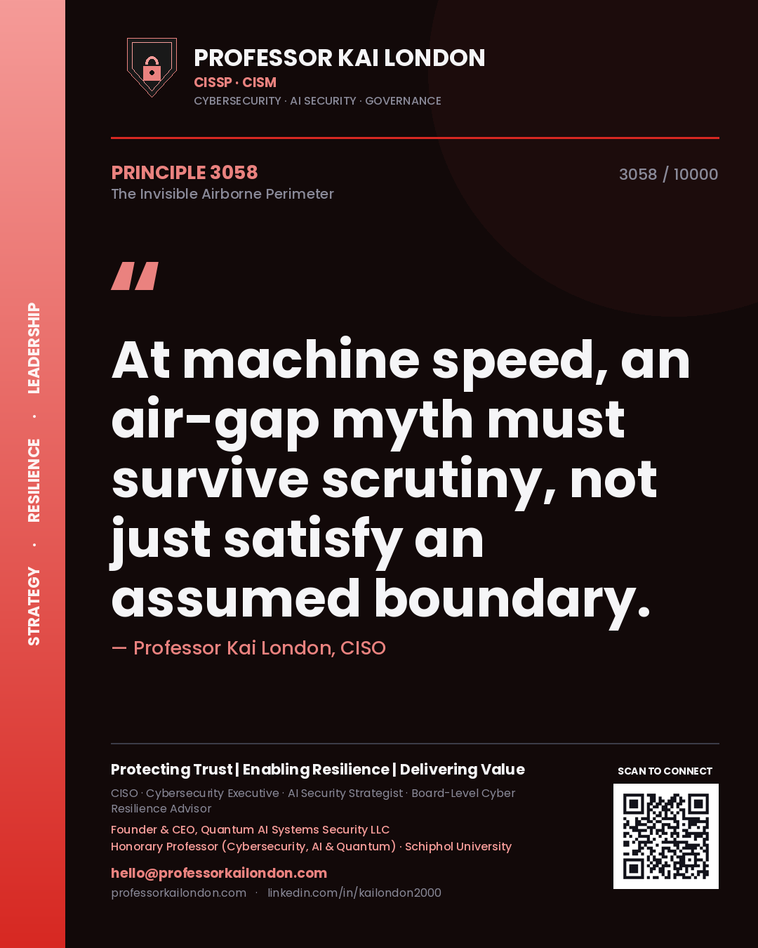 Quote card by Professor Kai London reading 'At machine speed, an air-gap myth must survive scrutiny, not just satisfy an assumed boundary.'. From the book The Invisible Airborne Perimeter.