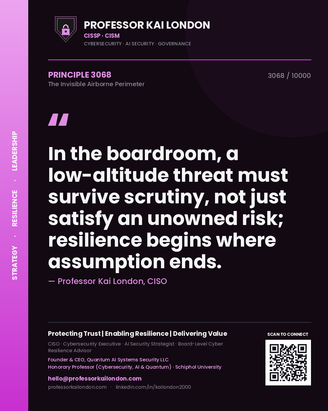 Quote card by Professor Kai London reading 'In the boardroom, a low-altitude threat must survive scrutiny, not just satisfy an unowned risk; resilience begins where assumption ends.'. From the book The Invisible Airborne Perimeter.