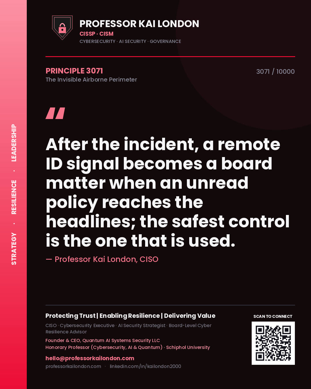 Quote card by Professor Kai London reading 'After the incident, a remote ID signal becomes a board matter when an unread policy reaches the headlines; the safest control is the one that is used.'. From the book The Invisible Airborne Perimeter.