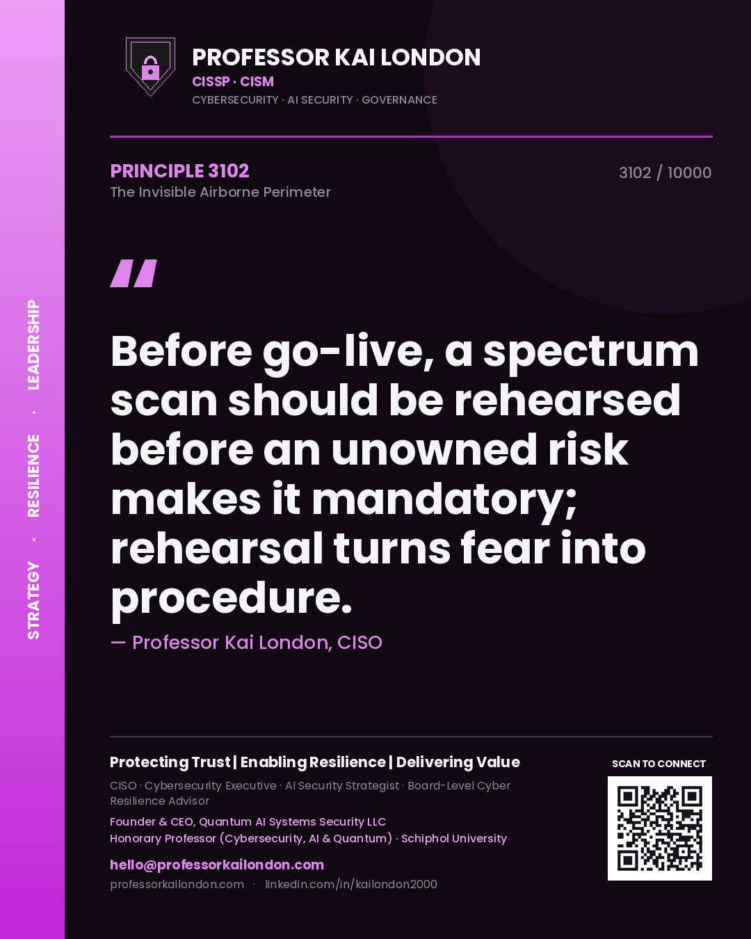Professor Kai London principle 3102: Before go-live, a spectrum scan should be rehearsed before an unowned risk makes it mandatory; rehearsal turns fear into procedure.