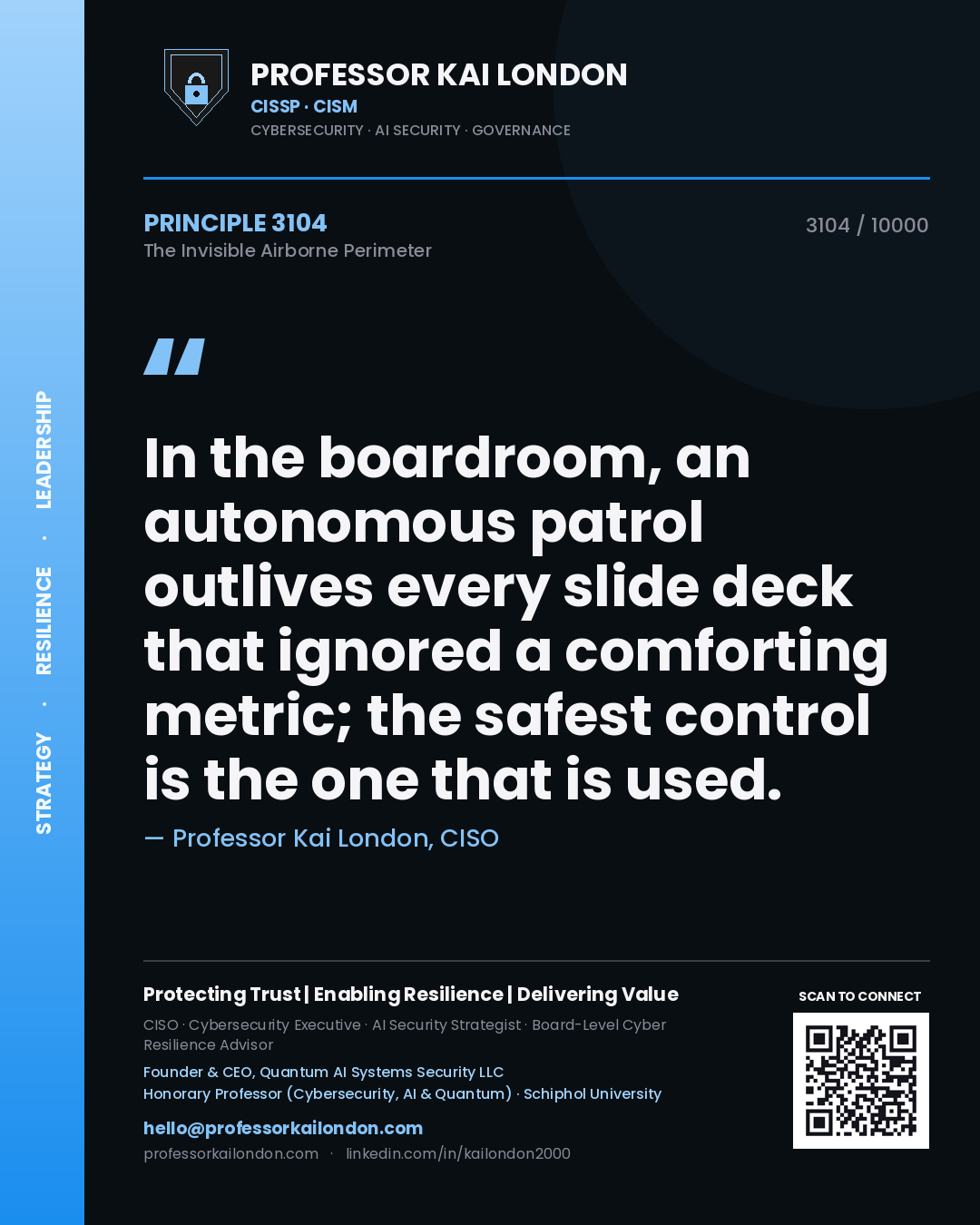 Quote card by Professor Kai London reading 'In the boardroom, an autonomous patrol outlives every slide deck that ignored a comforting metric; the safest control is the one that is used.'. From the book The Invisible Airborne Perimeter.