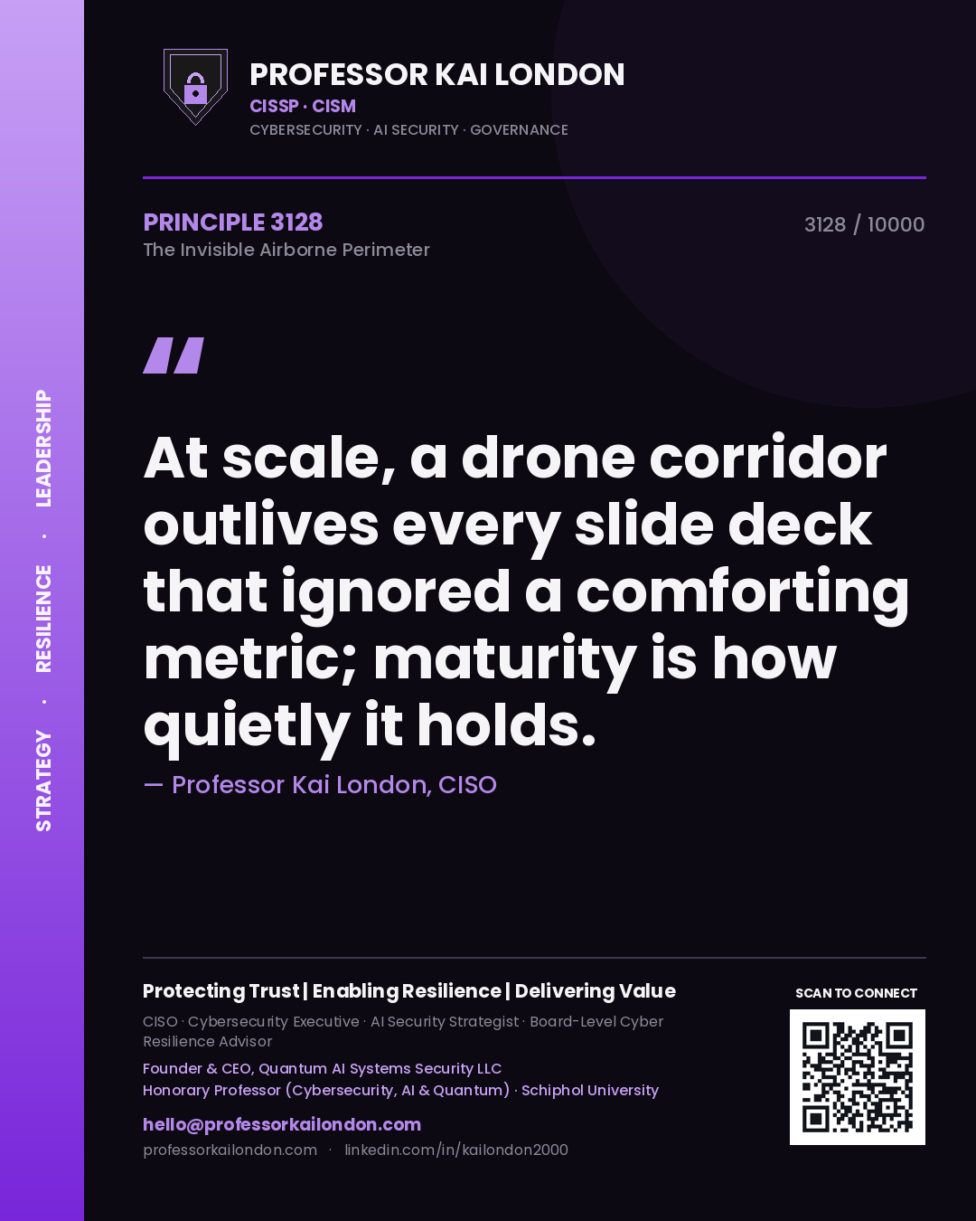 Quote card by Professor Kai London reading 'At scale, a drone corridor outlives every slide deck that ignored a comforting metric; maturity is how quietly it holds.'. From the book The Invisible Airborne Perimeter.
