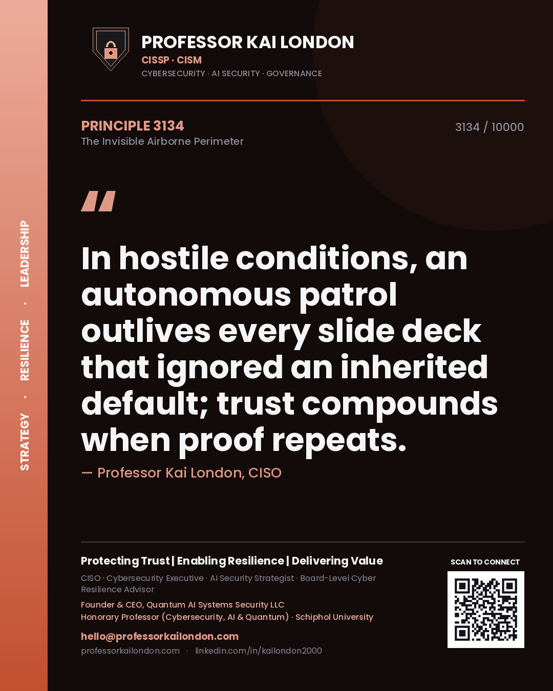 Professor Kai London principle 3134: In hostile conditions, an autonomous patrol outlives every slide deck that ignored an inherited default; trust compounds when proof repeats.