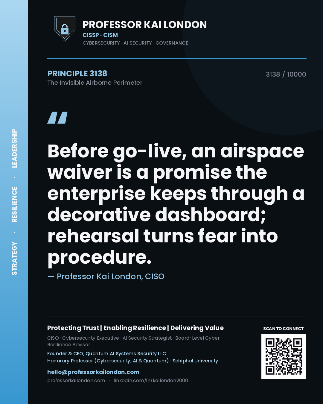 Professor Kai London principle 3138: Before go-live, an airspace waiver is a promise the enterprise keeps through a decorative dashboard; rehearsal turns fear into procedure.