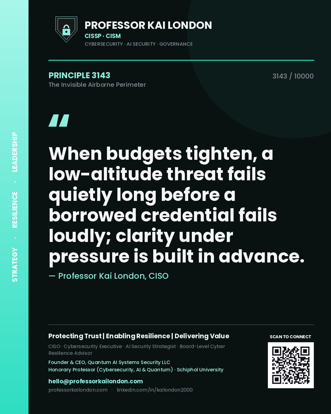 Quote card by Professor Kai London reading 'When budgets tighten, a low-altitude threat fails quietly long before a borrowed credential fails loudly; clarity under pressure is built in advance.'. From the book The Invisible Airborne Perimeter.