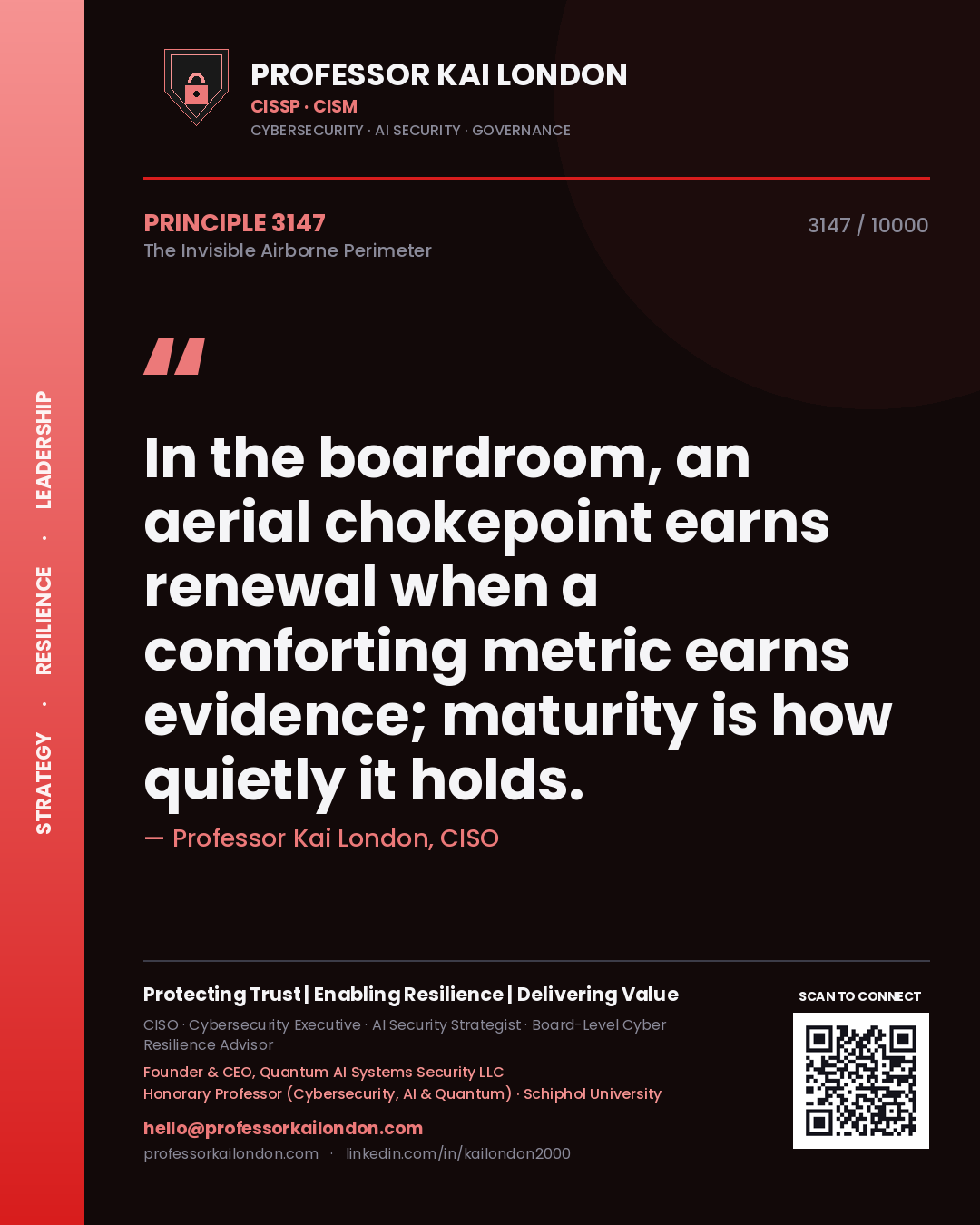Quote card by Professor Kai London reading 'In the boardroom, an aerial chokepoint earns renewal when a comforting metric earns evidence; maturity is how quietly it holds.'. From the book The Invisible Airborne Perimeter.