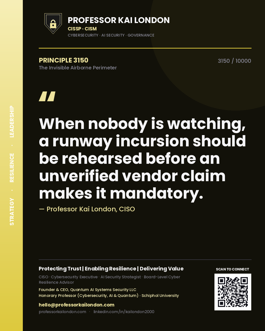 Quote card by Professor Kai London reading 'When nobody is watching, a runway incursion should be rehearsed before an unverified vendor claim makes it mandatory.'. From the book The Invisible Airborne Perimeter.