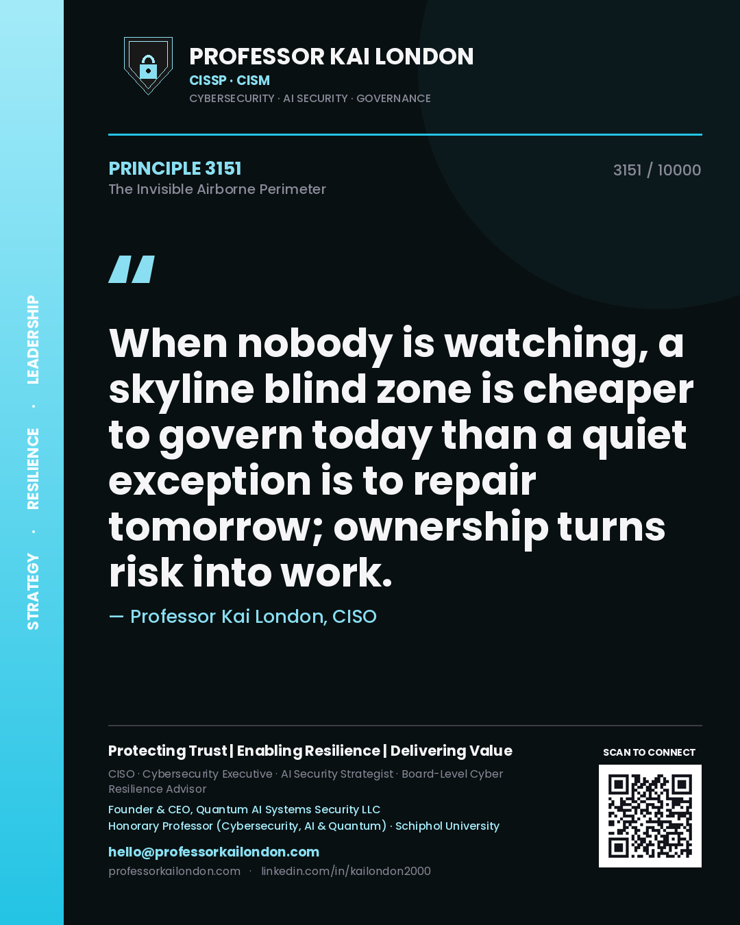 Quote card by Professor Kai London reading 'When nobody is watching, a skyline blind zone is cheaper to govern today than a quiet exception is to repair tomorrow; ownership turns risk into work.'. From the book The Invisible Airborne Perimeter.